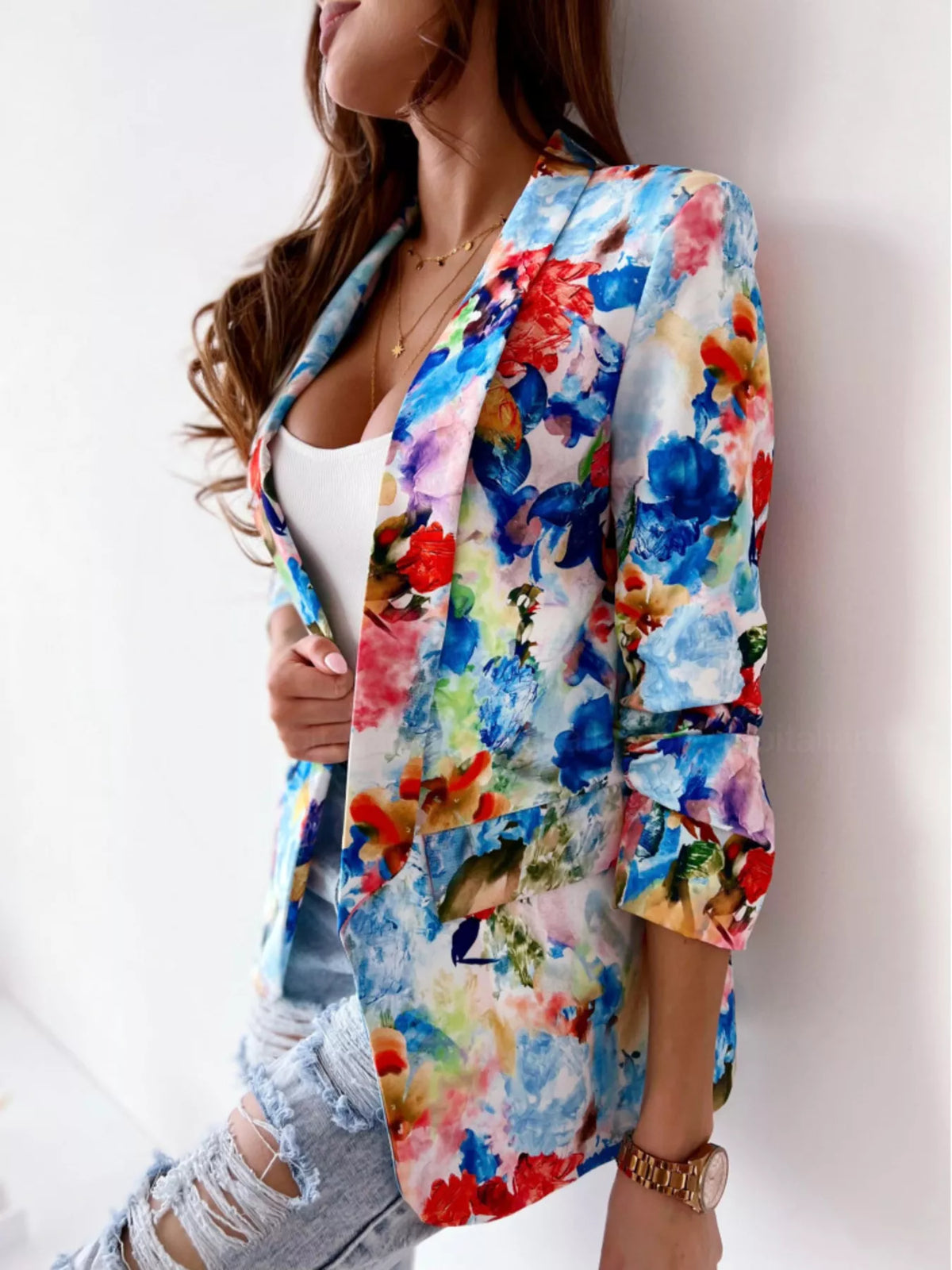 Floral print open-front blazer with patch pockets, multicolor blue/pink, 3/4 sleeves