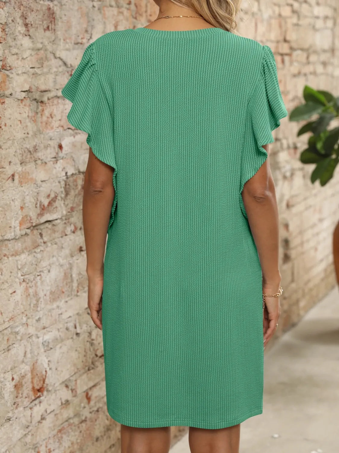 Ruffled V-Neck Cap-Sleeve Mini Dress by Trendsi, green, back view