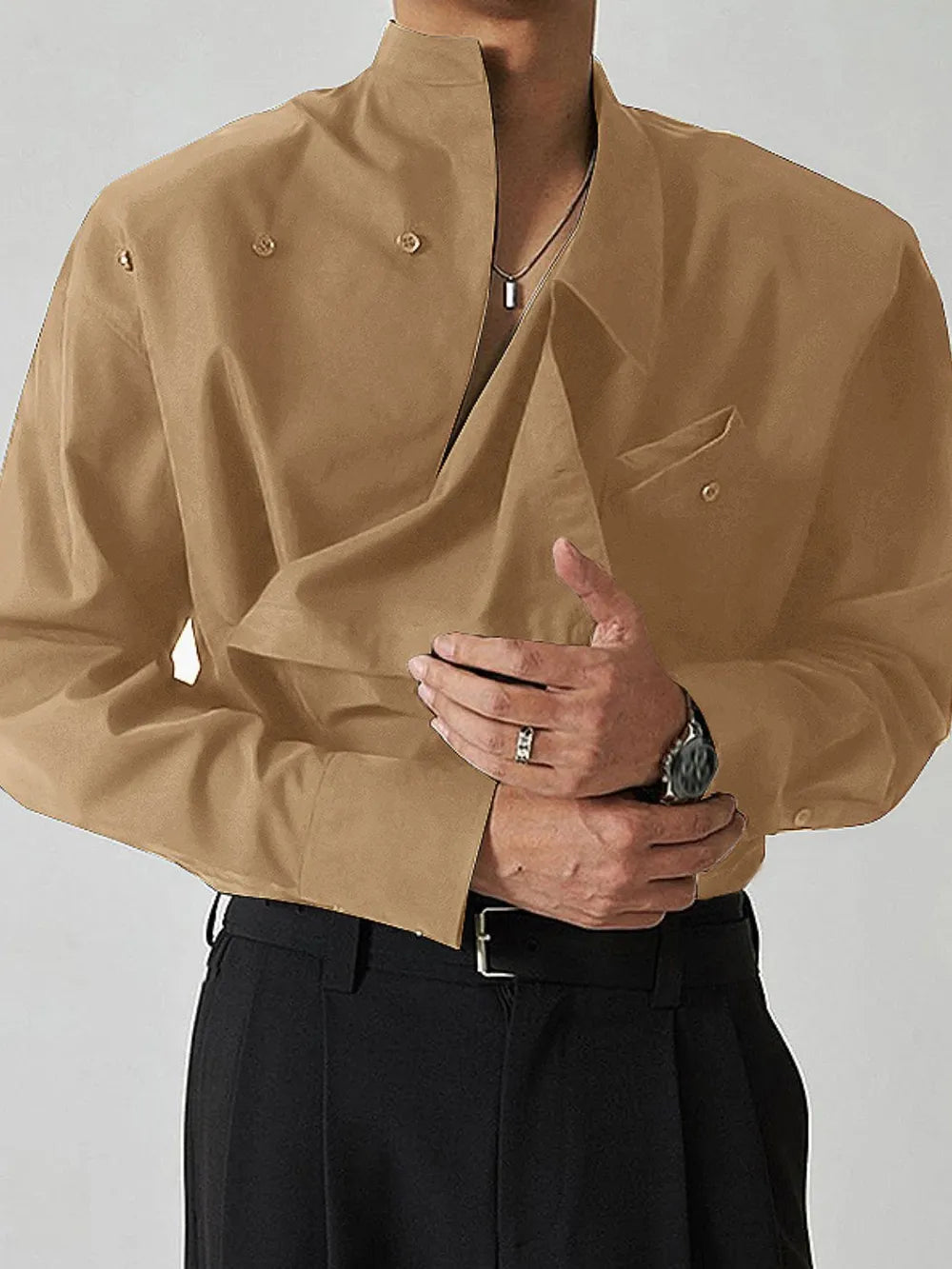 Camel asymmetrical long sleeve shirt with mandarin collar and chest pocket, button front