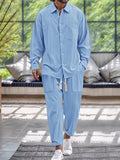 Light blue button-down shirt and pants set, chest pocket, drawstring waistband