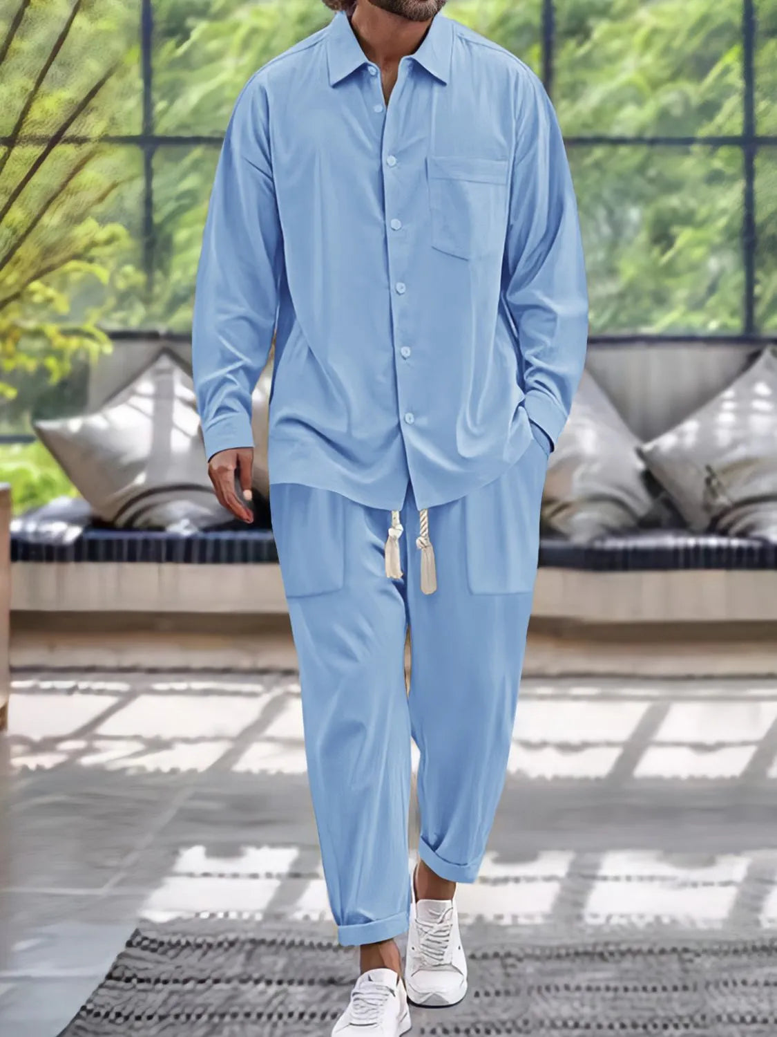 Light blue button-down shirt and pants set, chest pocket, drawstring waistband