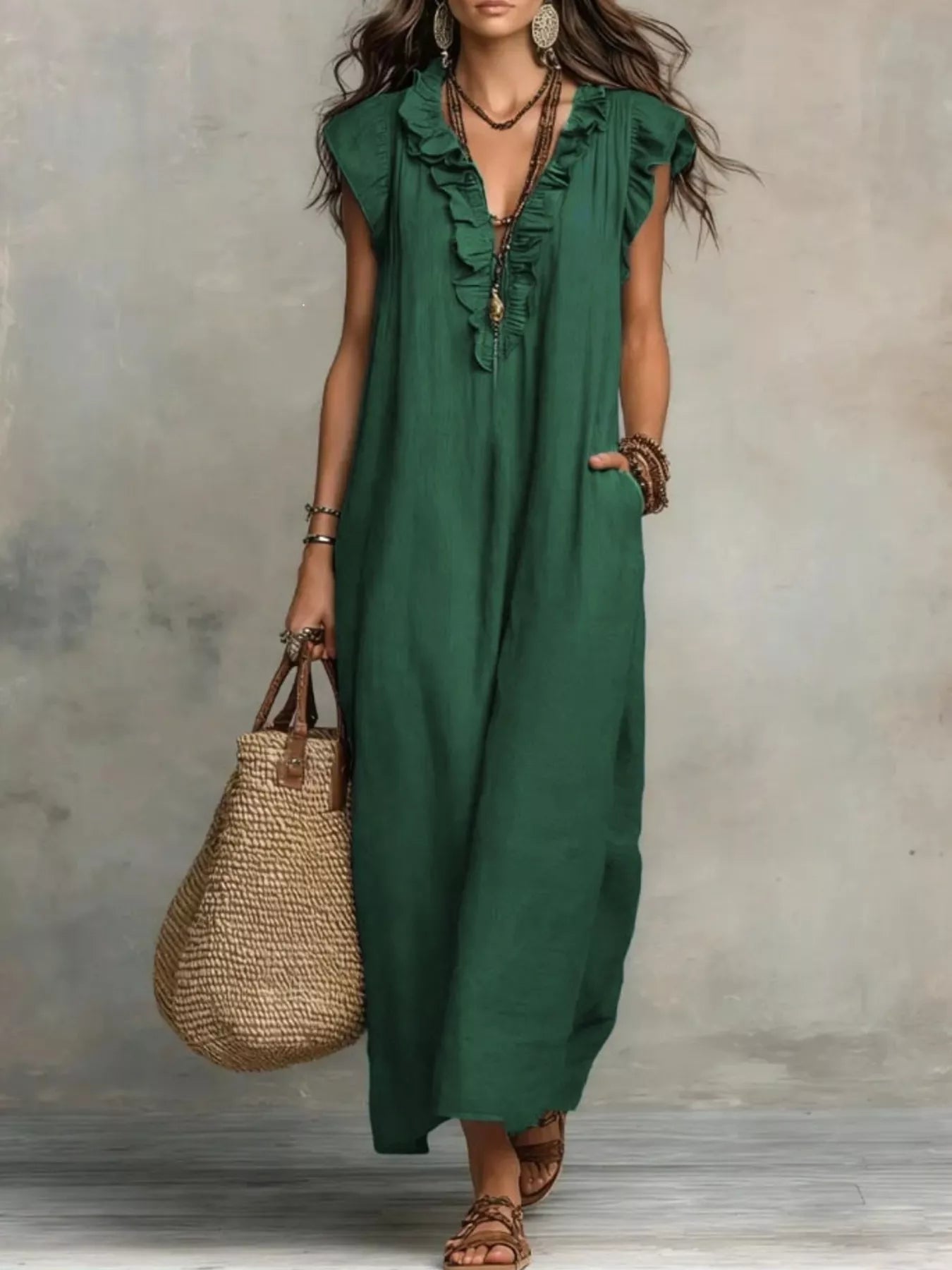 Dark green ruffled V-neck maxi dress with short flutter sleeves and embroidered front