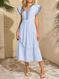 Sky blue striped midi dress with ruffle cap sleeves, V-neck, and tiered skirt