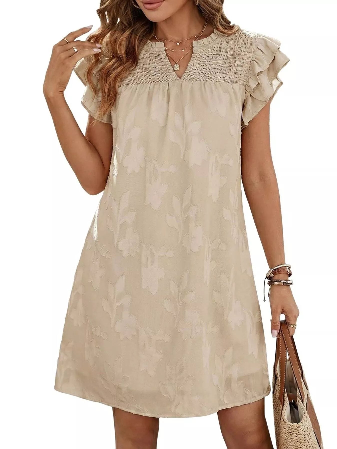 Floral embossed beige mini dress with smocked bodice and ruffled sleeves