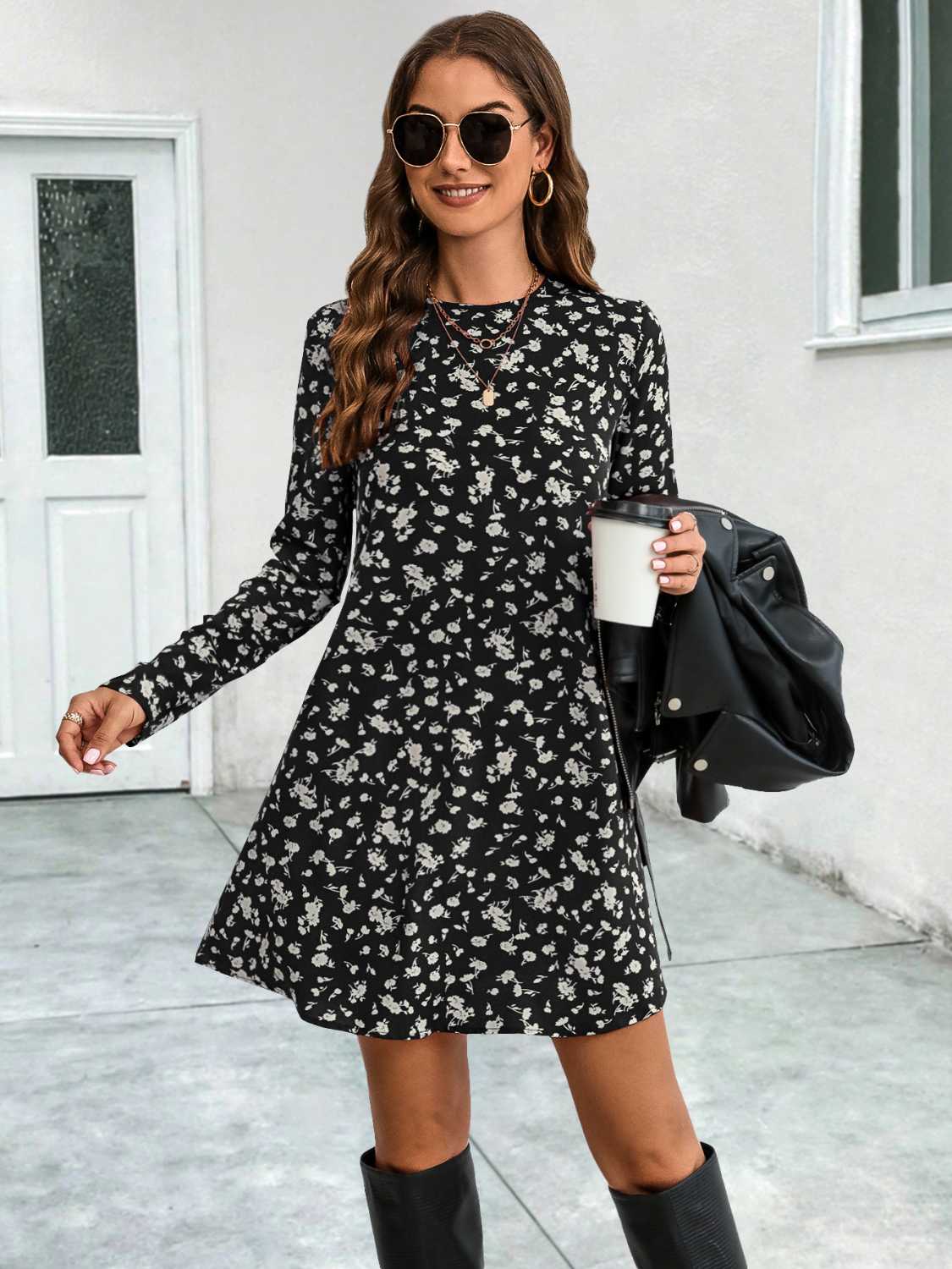 Black floral long-sleeve mini dress with round neck and flared hem