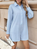 Light blue striped button-front long sleeve romper with collar and short legs