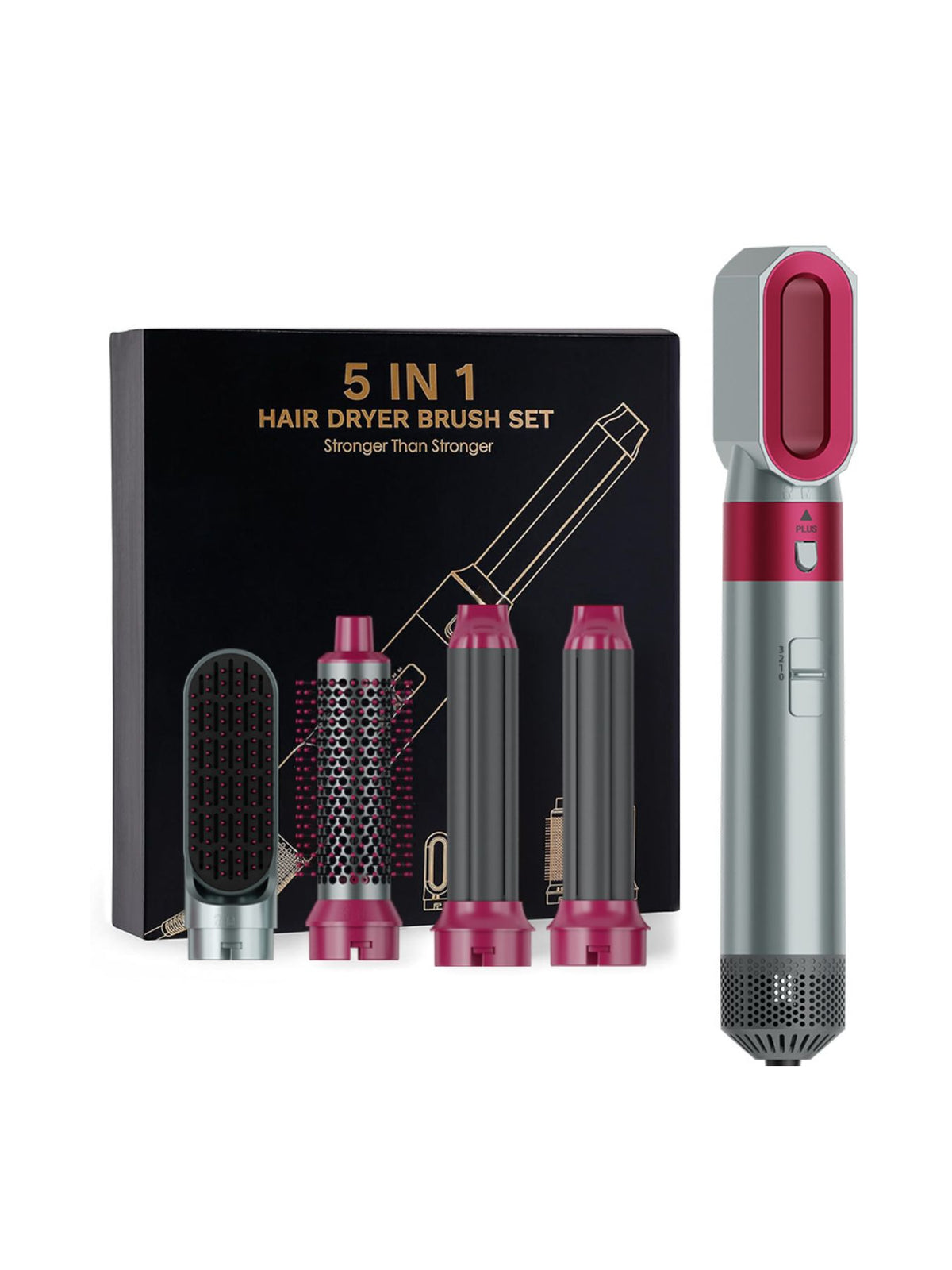 5-in-1 hair dryer brush set with gray and rose accents and pink styling attachments