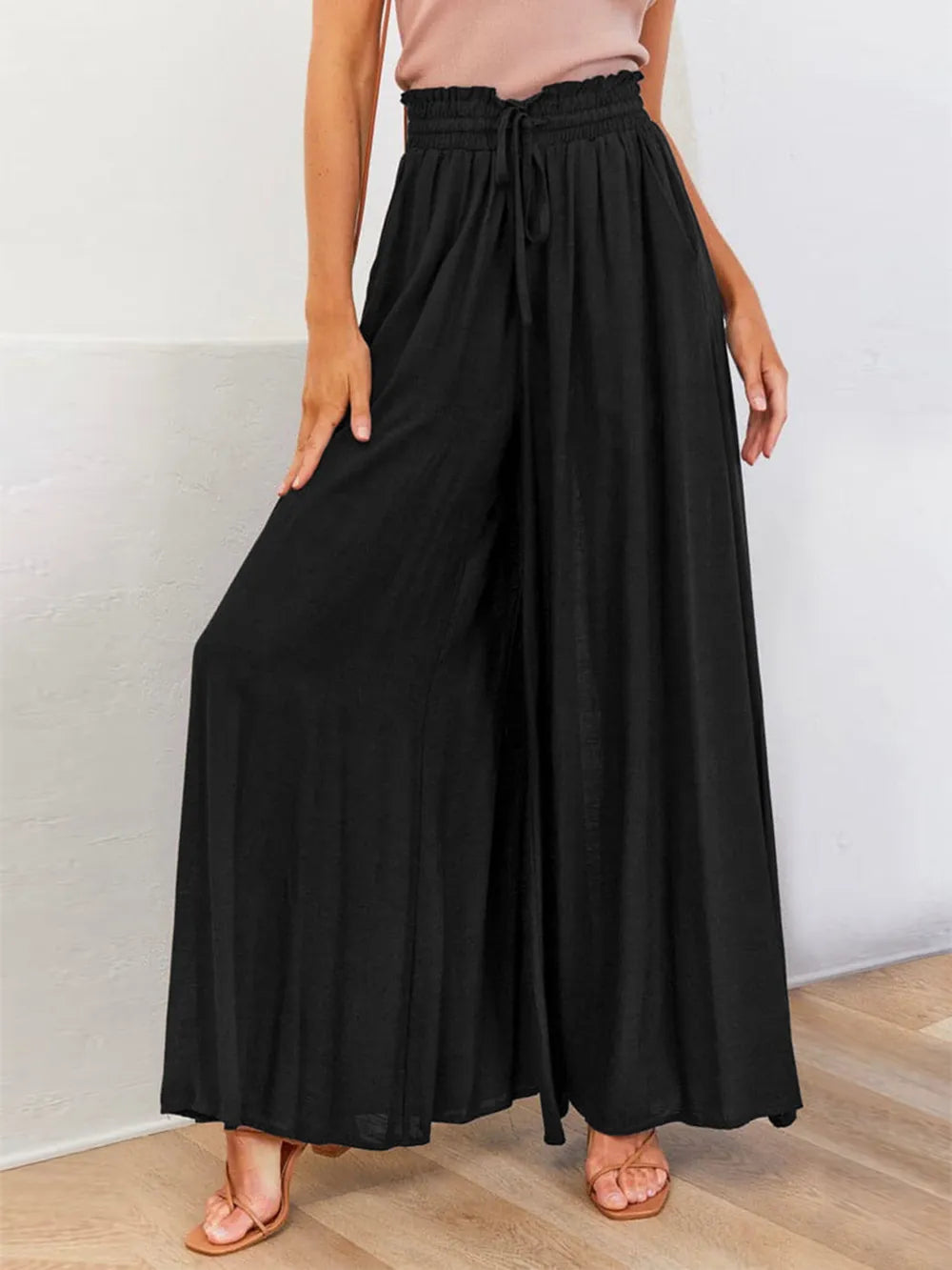 Drawstring wide-leg pants with elastic waist, black