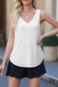 White eyelet knit V-neck loose tank top with sleeveless patterned texture