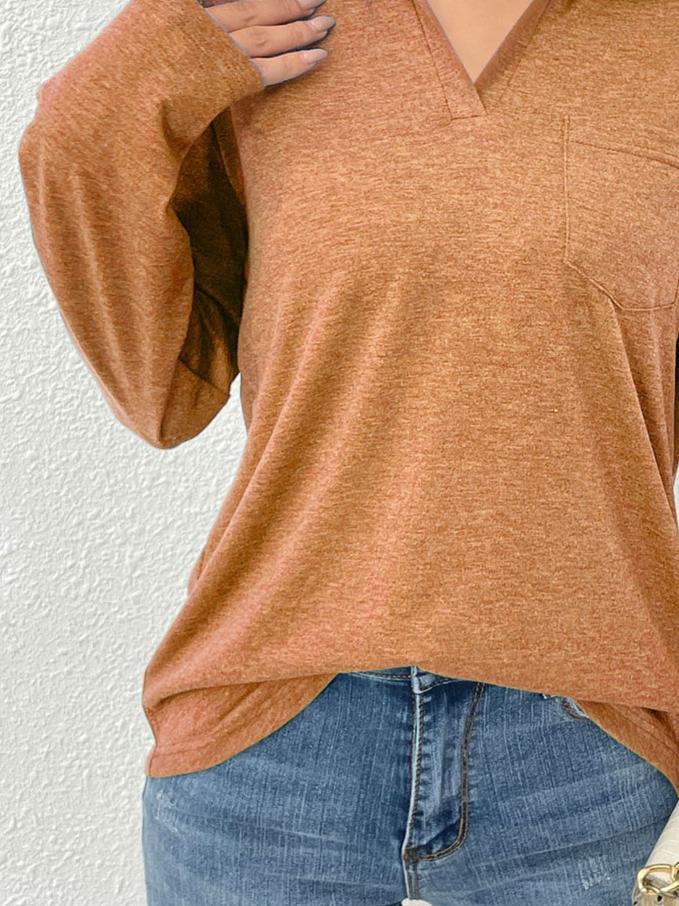 Cedar & Moore Collared neck long sleeve T-shirt in burnt orange with pocket