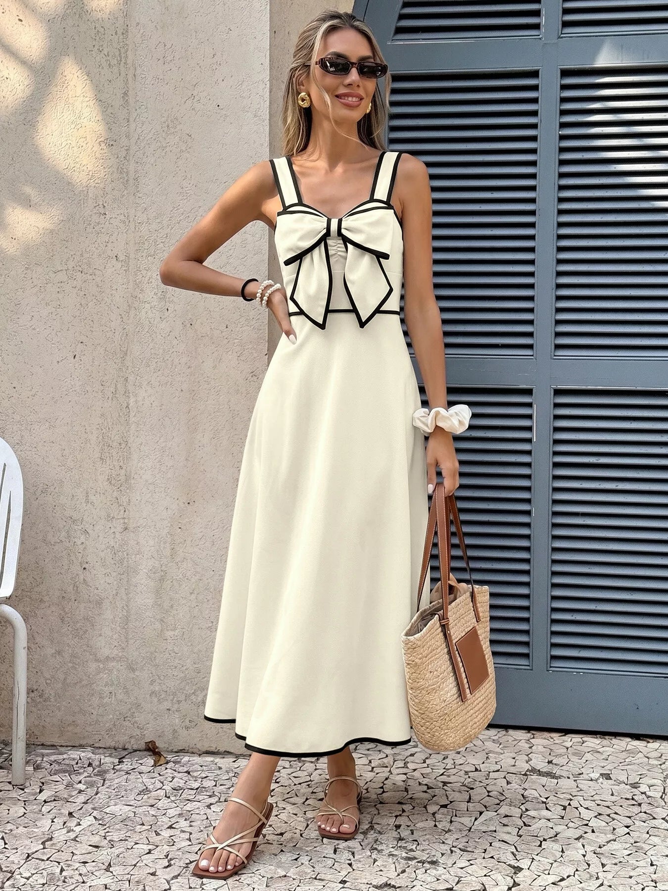 Cedar & Moore Bowknot Trim A-Line Midi Dress in cream with black piping and zipper