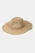Tan braided straw fedora hat with fringed edge