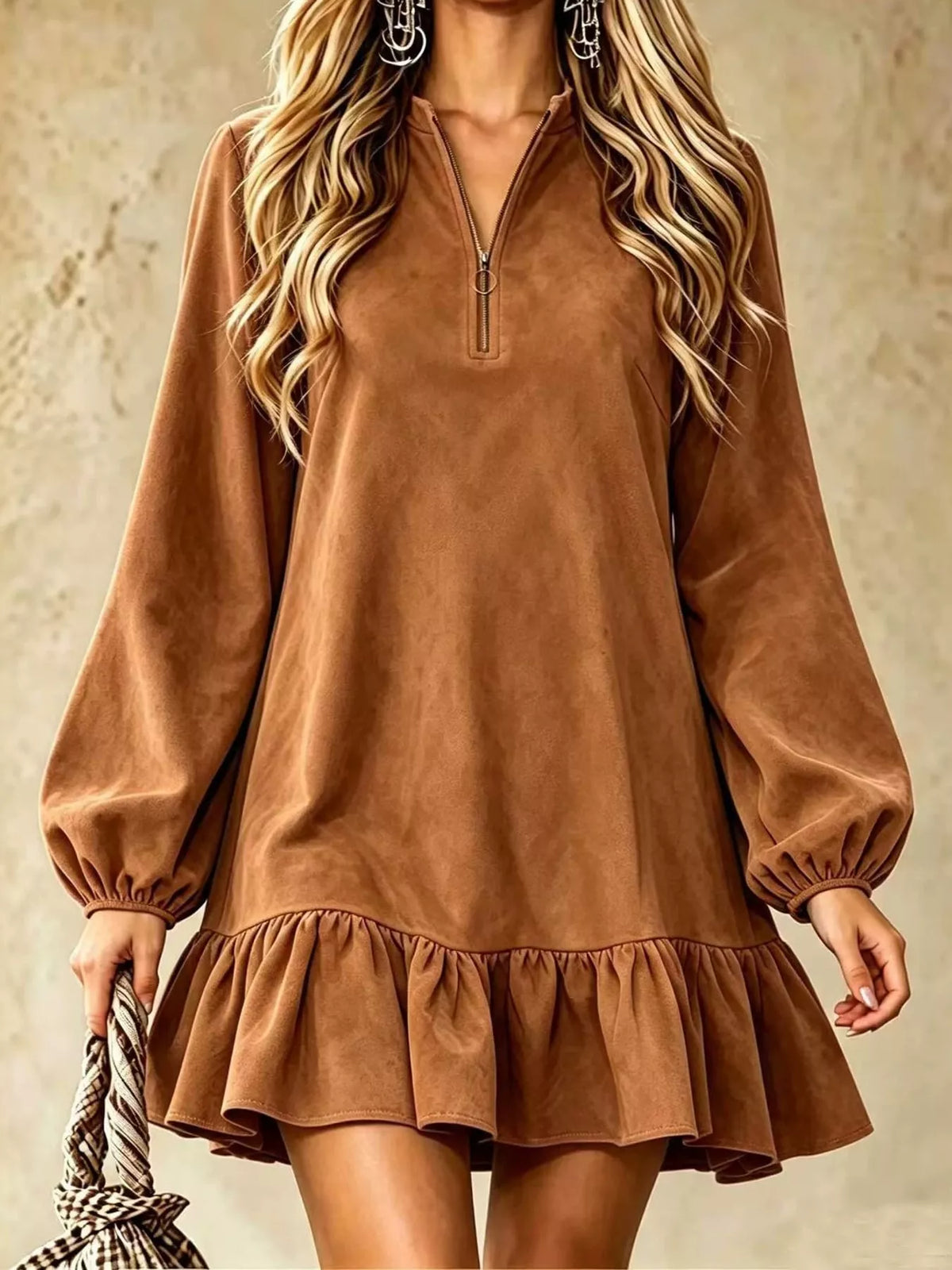 Camel quarter-zip ruffle mini dress with long balloon sleeves and gathered skirt hem