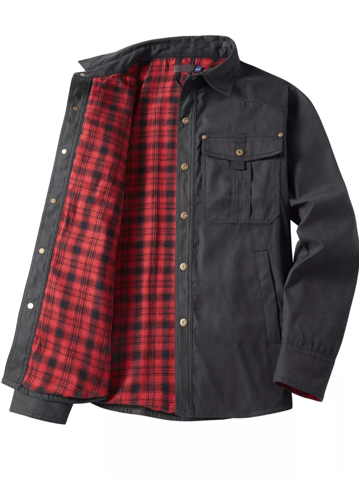Men's snap-front long-sleeve jacket in black with red plaid lining and two chest pockets