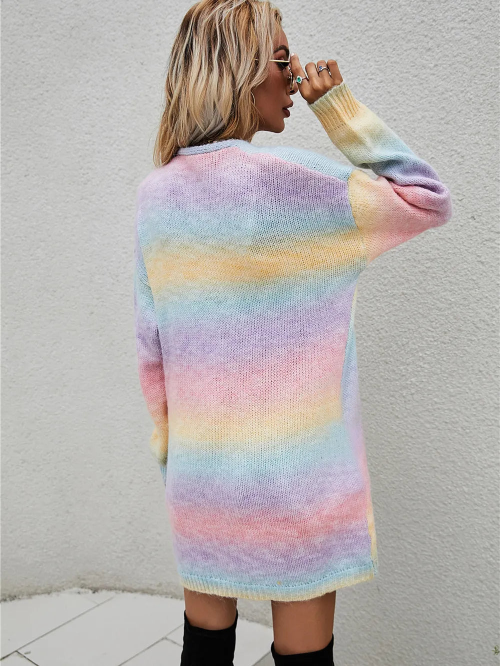 Pastel rainbow gradient long open-front cardigan with front pockets, shown from the back.
