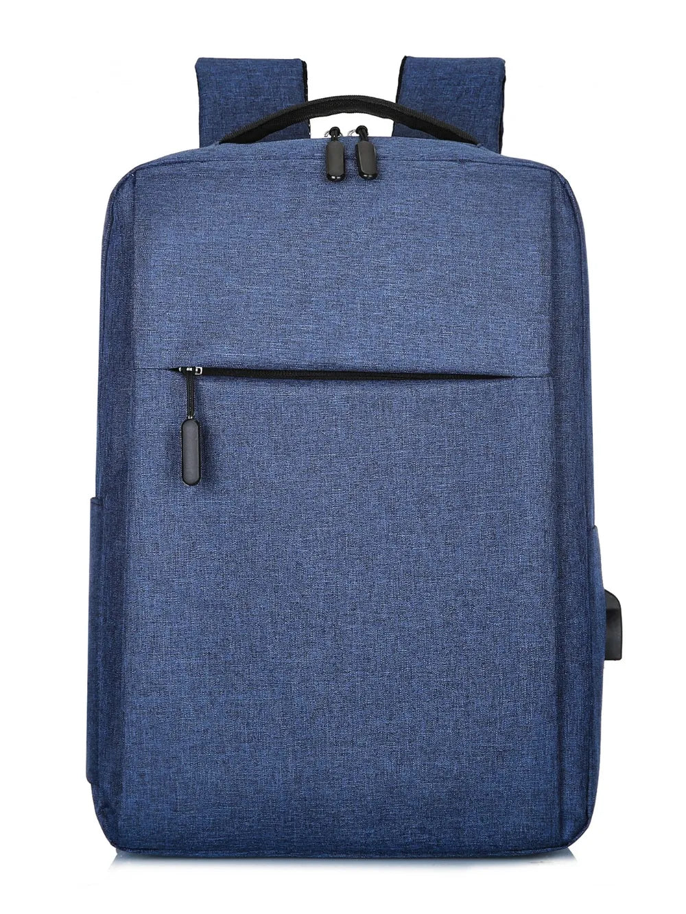 Dark blue oxford backpack with top handle, adjustable straps, and front zip compartment.
