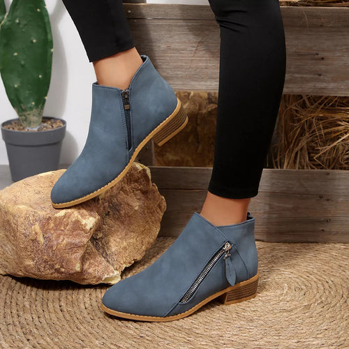 Dusty blue ankle boots with block heel and side zipper, rounded toe