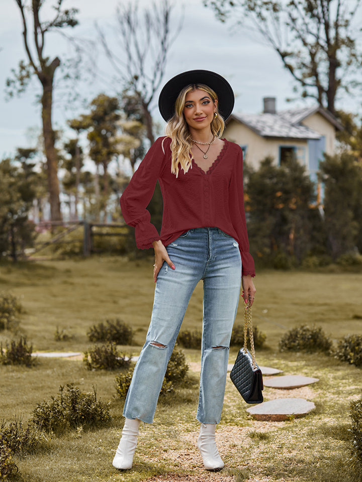 V-neck flounce-sleeve blouse in wine red, front view with scalloped V-neck