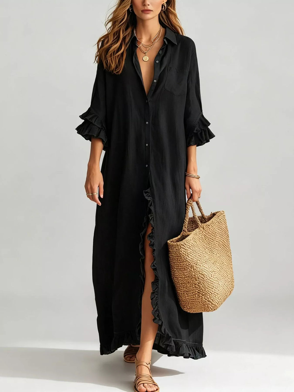Black ruffle-trim button front maxi shirt dress with ruffled sleeve cuffs