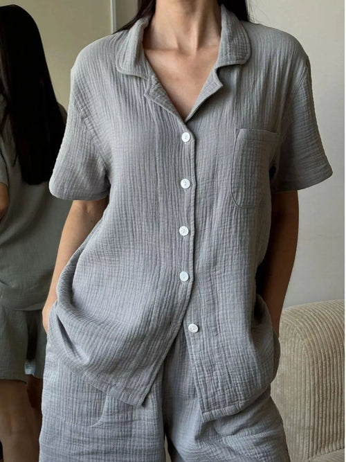Gray short sleeve shirt and shorts set, button-front with chest pocket