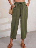 Army green cropped wide-leg pants with drawstring elastic waist, ankle length