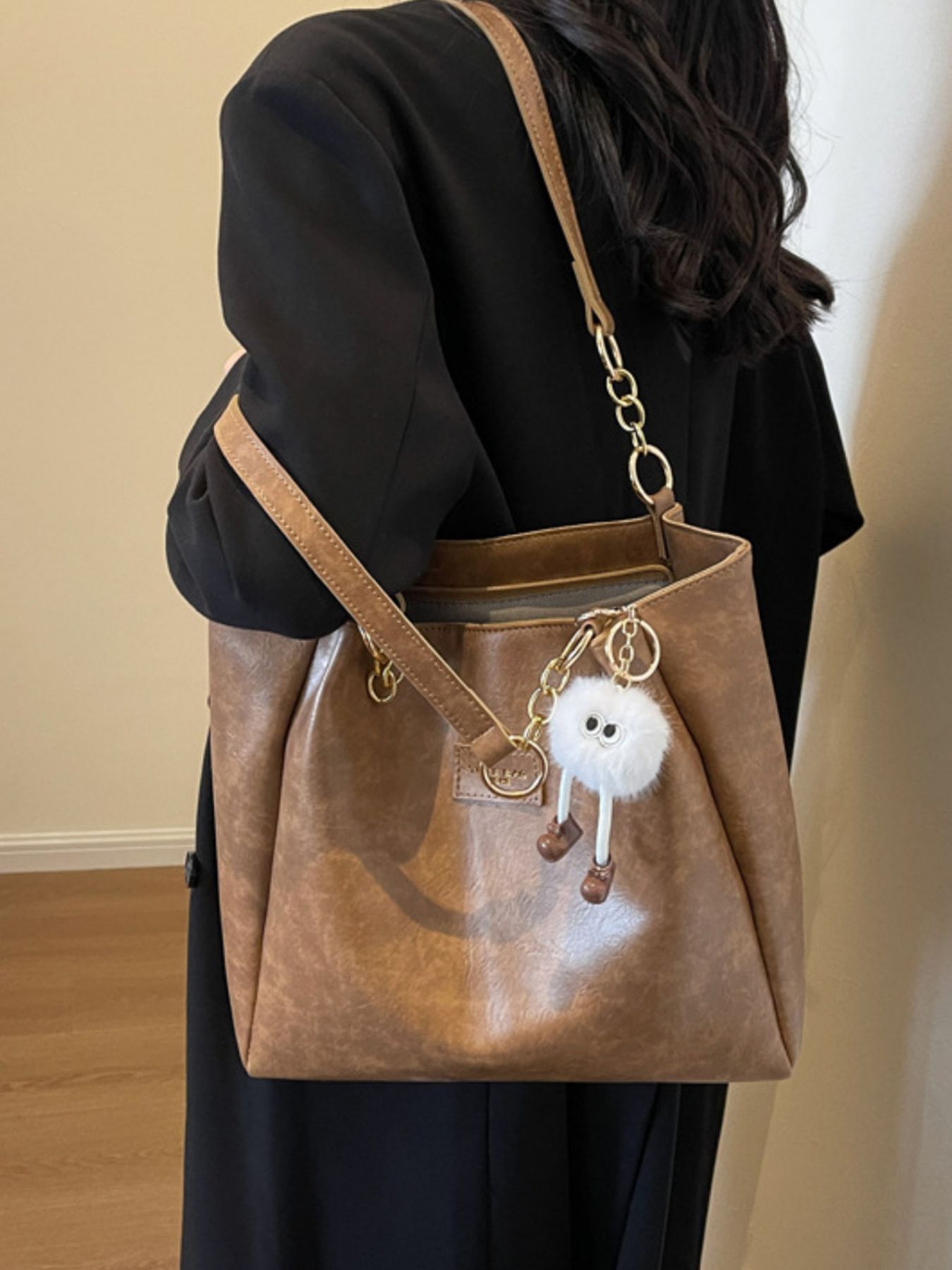 Chain Decor Leather Shoulder Bag, large PU tan handbag with gold chain strap by Trendsi
