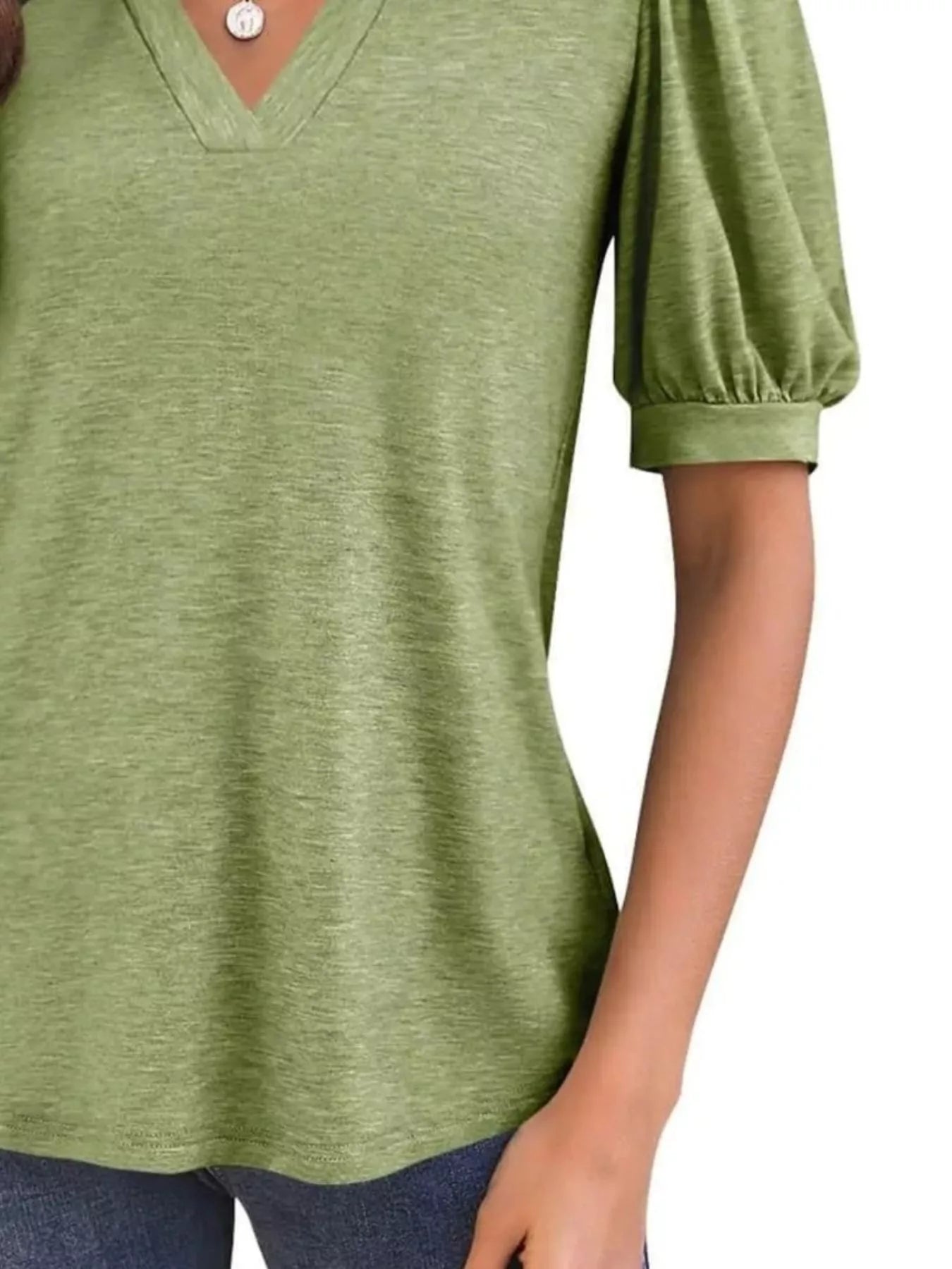 Cedar & Moore Puff Sleeve Notched Casual T-Shirt in olive green by Trendsi