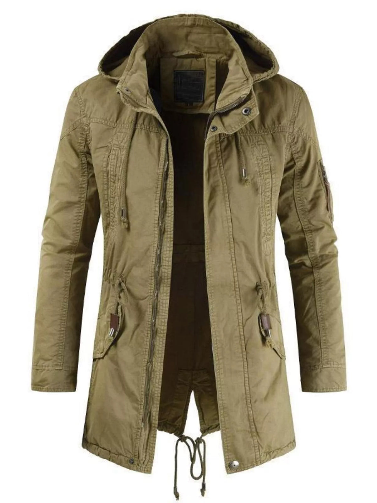Men's sage green hooded parka coat with drawstring, zip front, flap side pockets