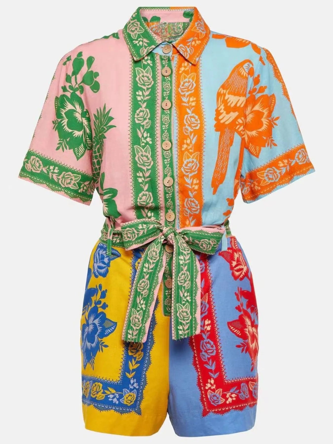 Multicolor short-sleeve romper with green-trimmed tie waist and collared buttons