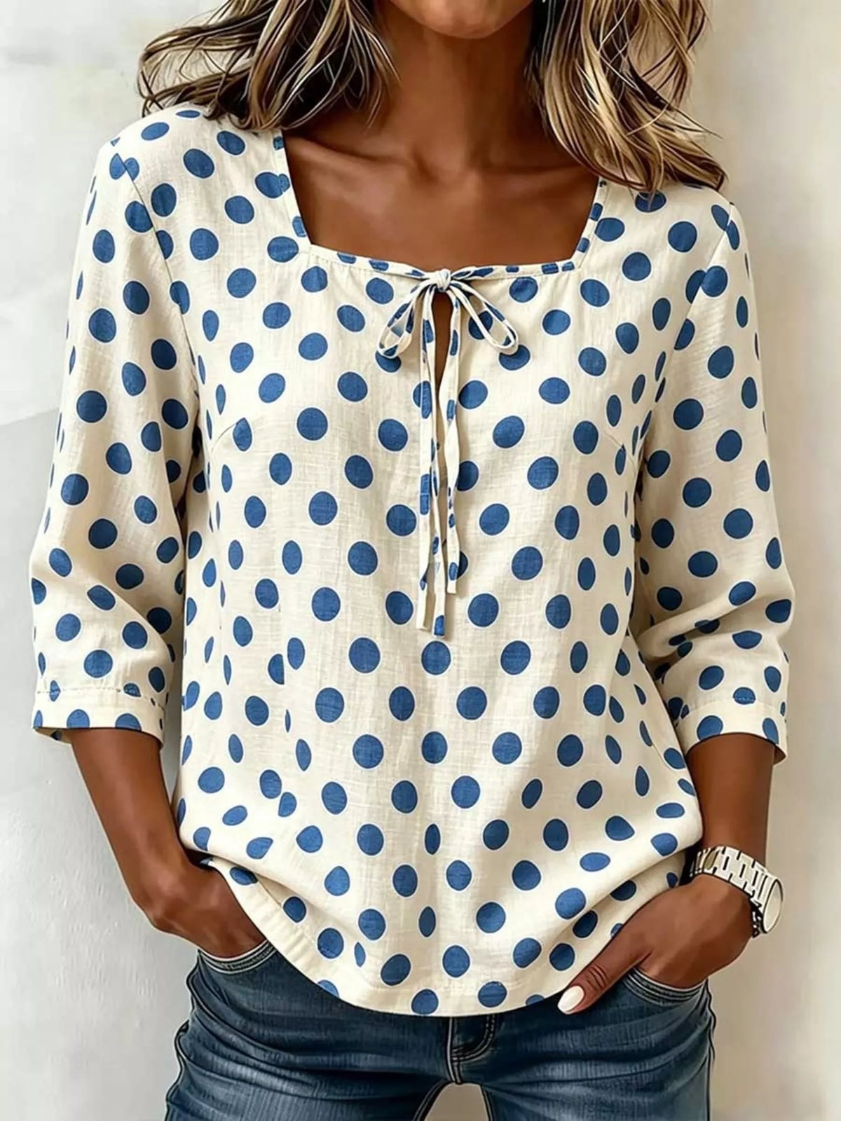 Light blue polka dot square-neck tie-front blouse with three-quarter sleeves