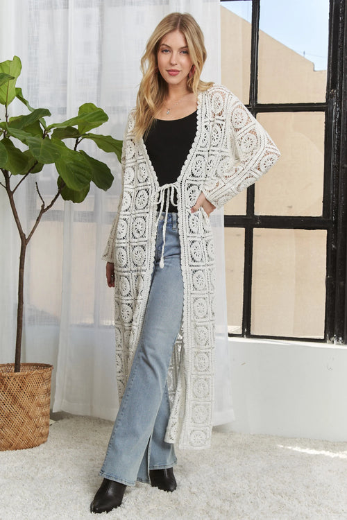 Ivory crochet long cardigan with long sleeves, open front, and textured square motif