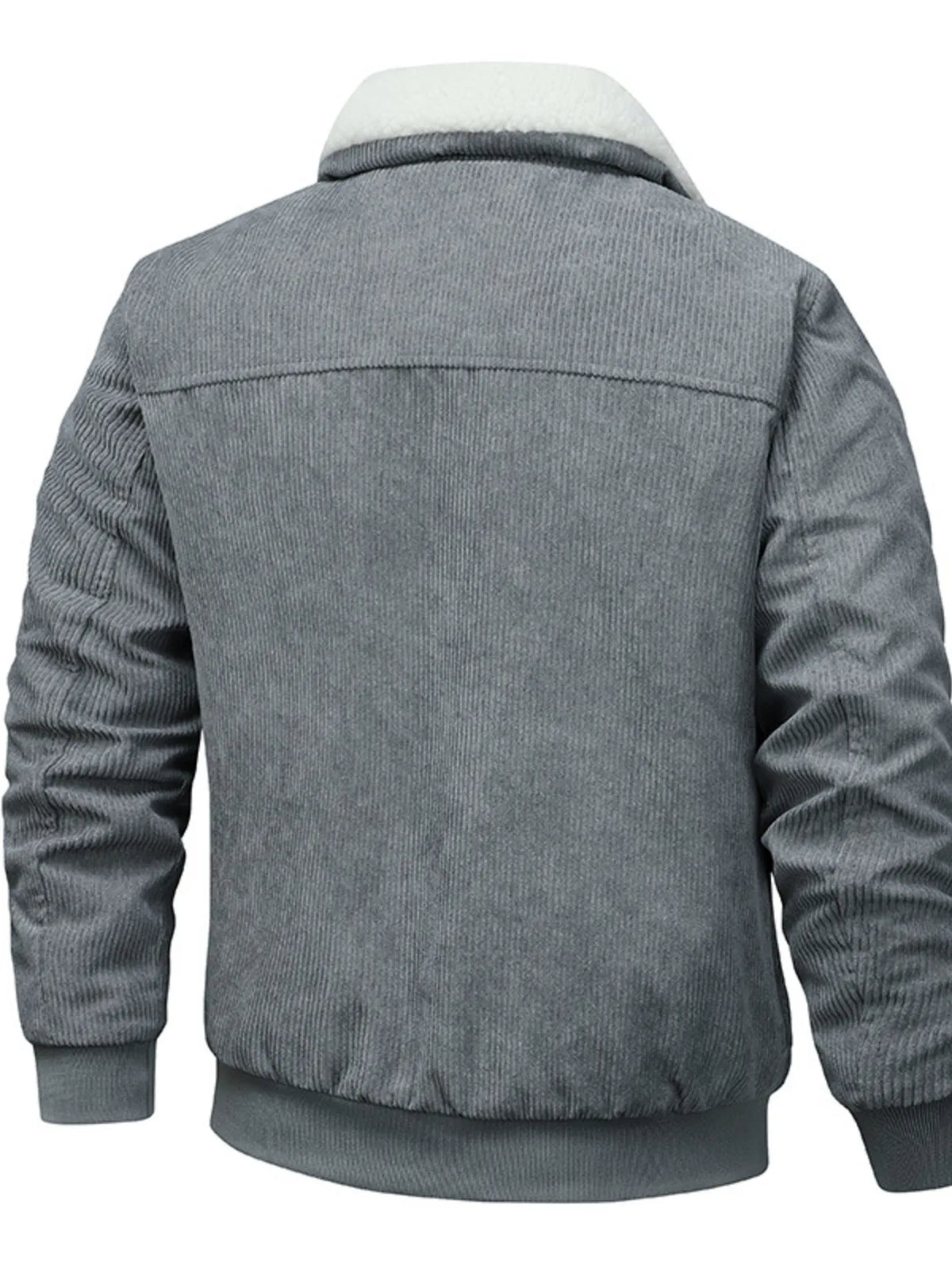 Grey sherpa-lined corduroy jacket, back view with stand collar