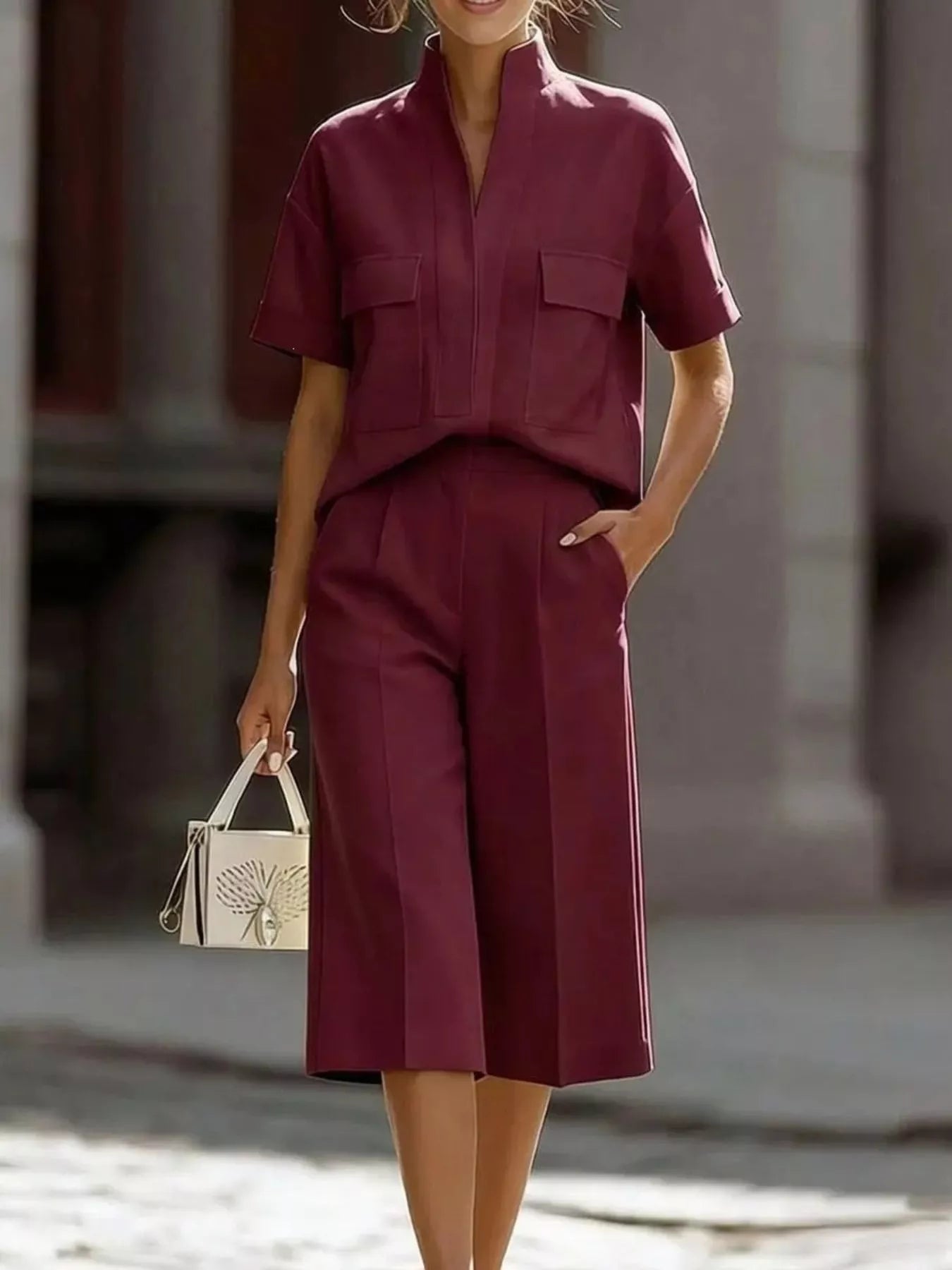 Burgundy short-sleeve button-front top and wide-leg pants set, chest pocket