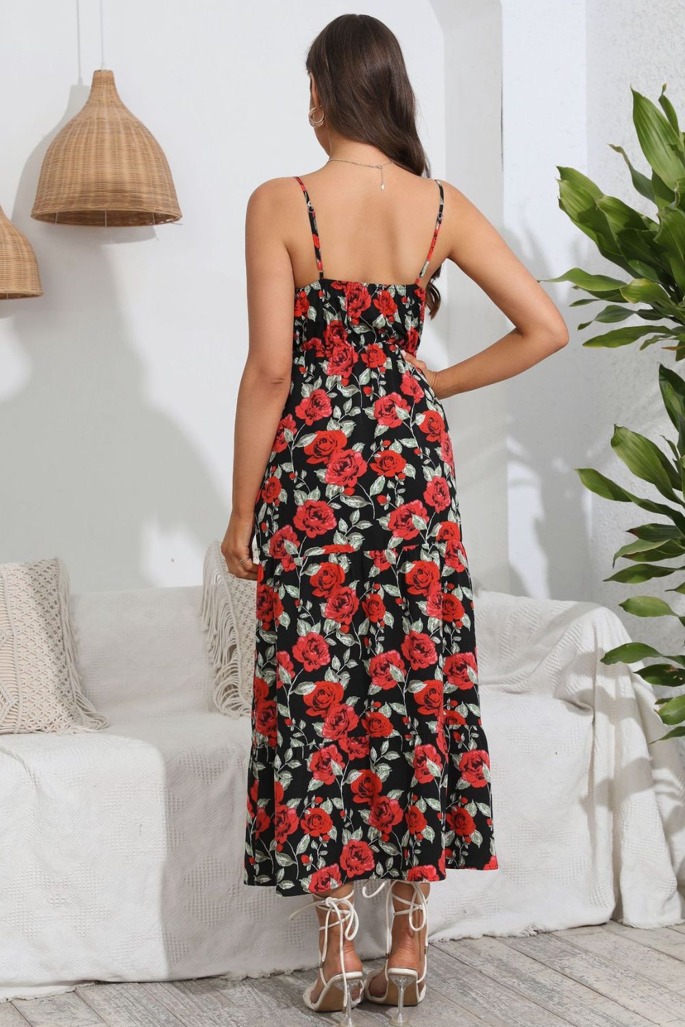 Spaghetti strap maxi dress, black floral with red rose print, open back