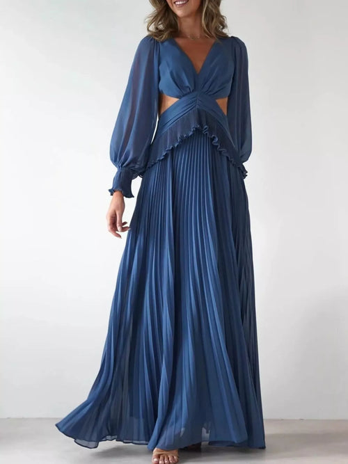 Blue backless pleated maxi dress with long sleeves, V neckline and cross front