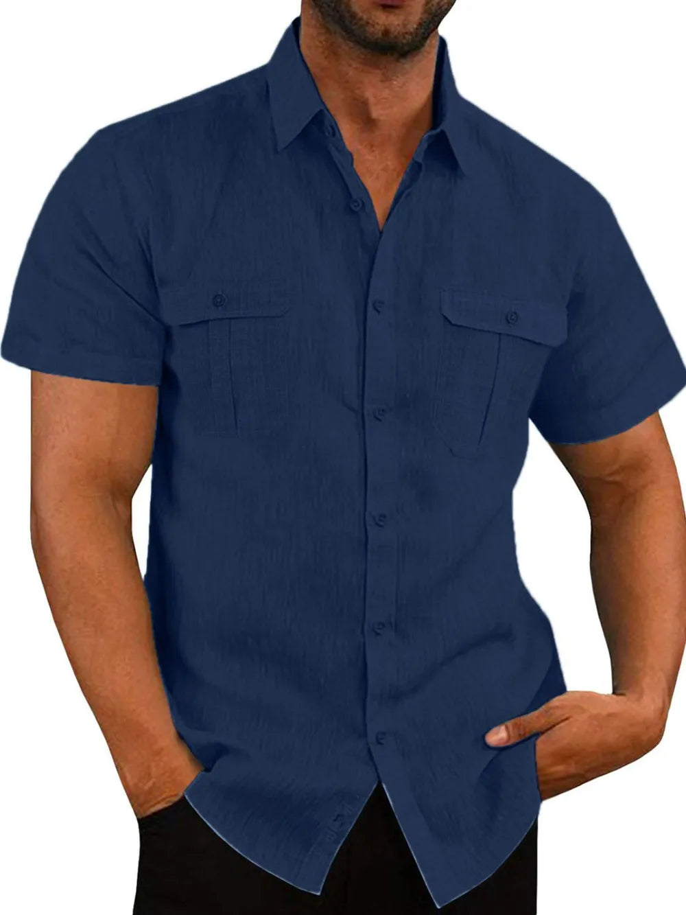 Navy men's short-sleeve collared button-up shirt with chest pockets
