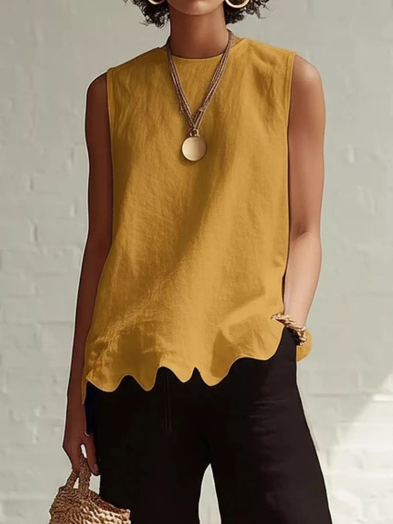 Yellow sleeveless tank top with scalloped hem and round neckline, plus size