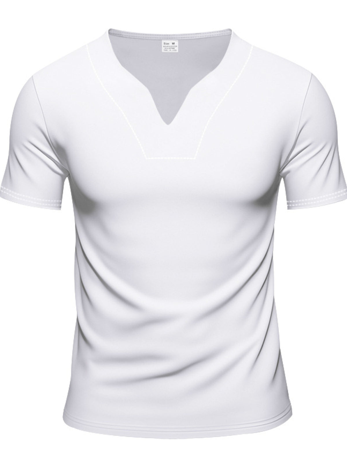 Men's white V-neck stretch tee, short sleeves and side seams