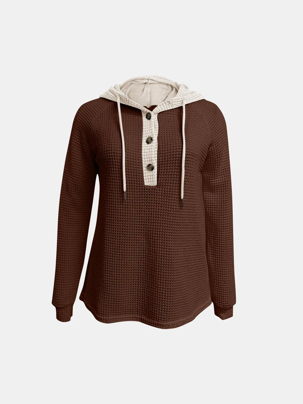 Dark brown waffle-knit hoodie, back view: long sleeves, hood drawstrings, contrast trim.