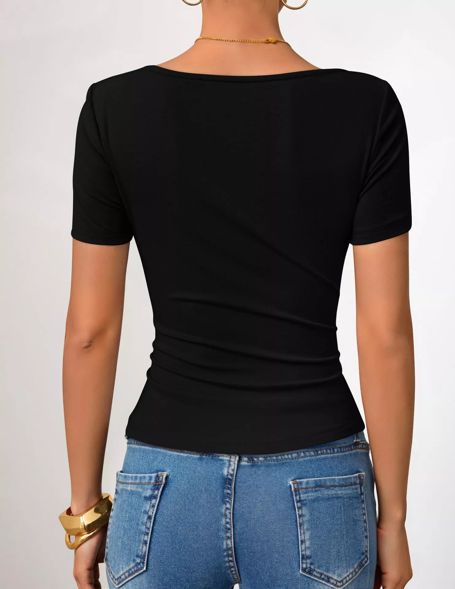 Cedar & Moore Asymmetrical Neckline Fitted T-Shirt, black, short sleeves, back view