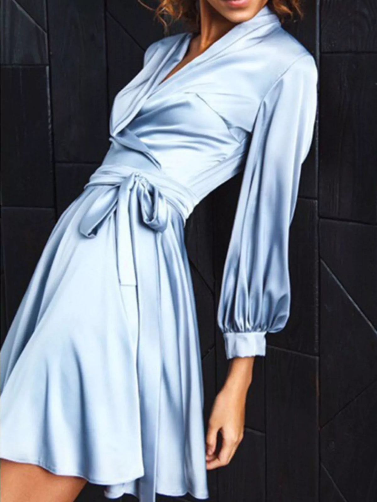 Light blue satin surplice mini dress with long sleeves and tie waist