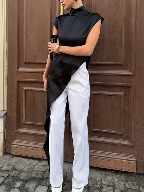 Asymmetrical hem turtleneck blouse, sleeveless black draped front