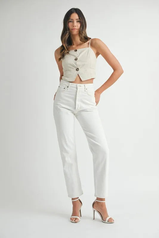 Oatmeal linen-mix button-down tank top with front buttons and side slit hem