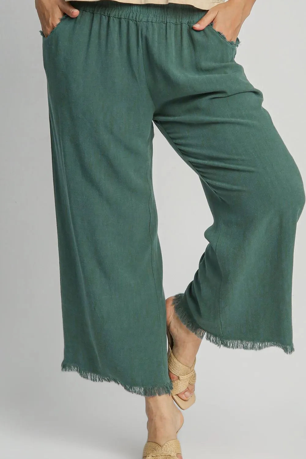 Plus-size linen blend wide-leg pants, dark green with frayed wide hems