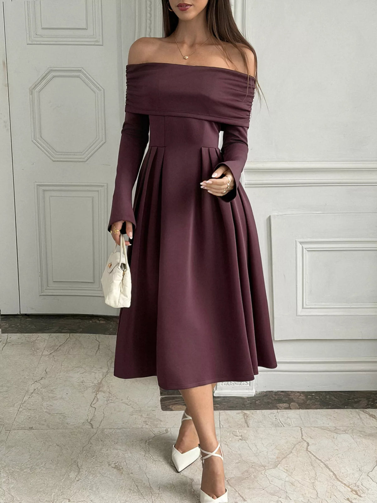 Burgundy off-shoulder midi dress with ruched bodice and flowing pleated A-line skirt