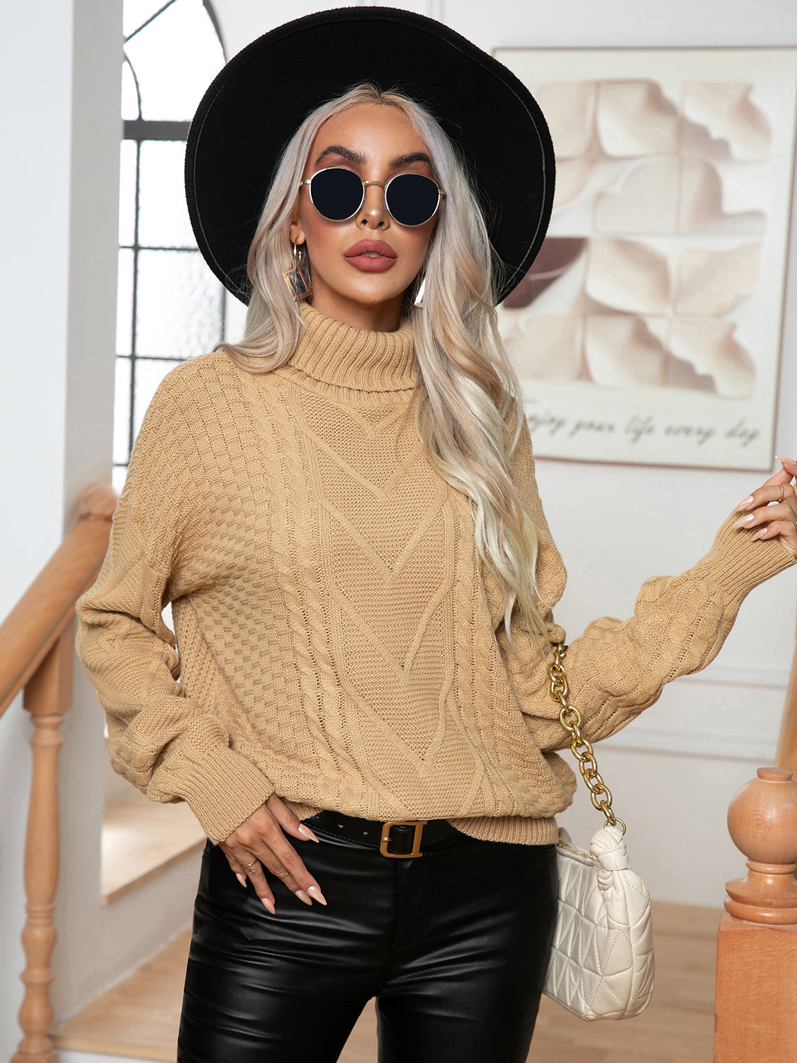 Khaki cable-knit turtleneck long sleeve sweater, front view with diamond knit texture