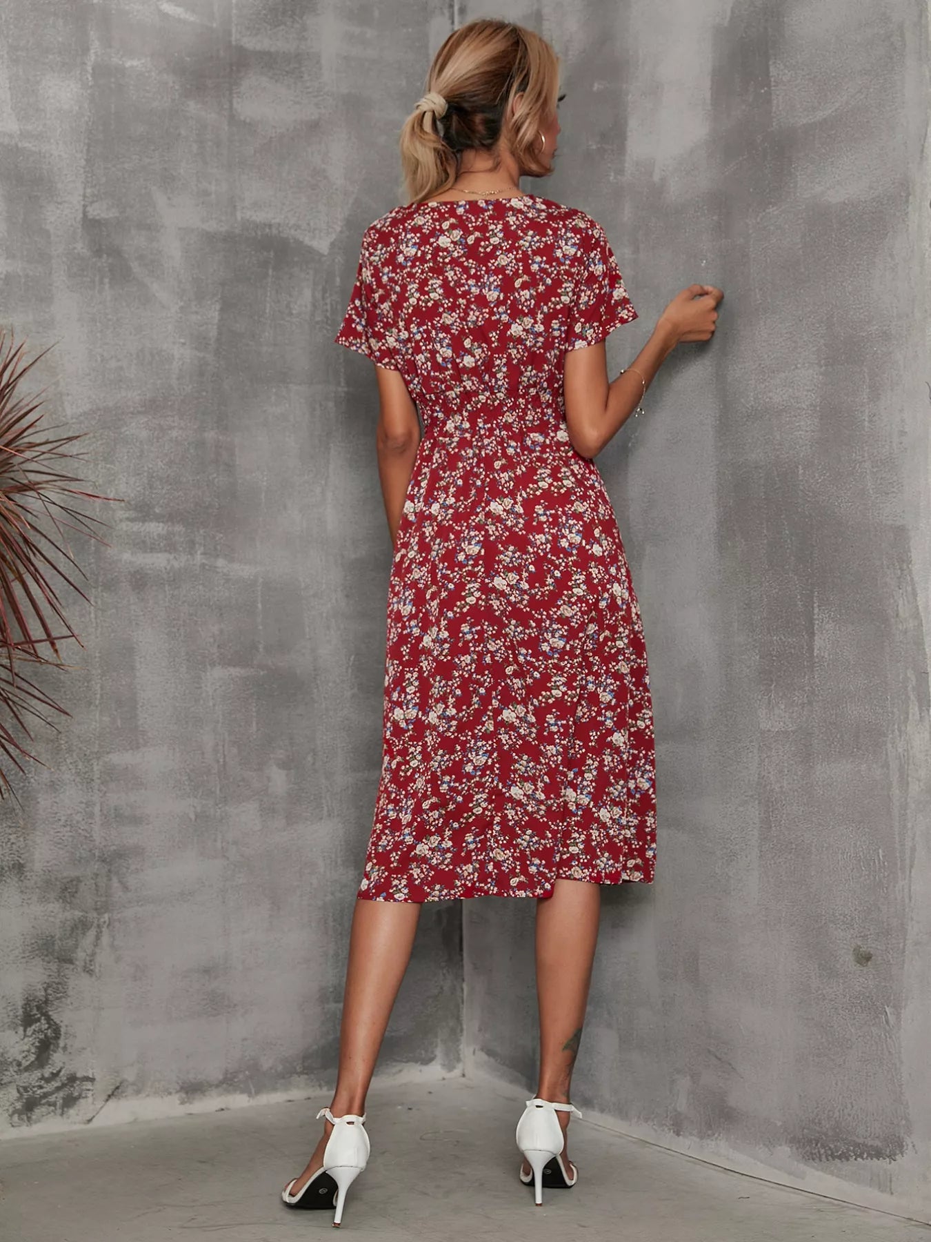 Printed short sleeve midi dress in burgundy with small red floral allover.