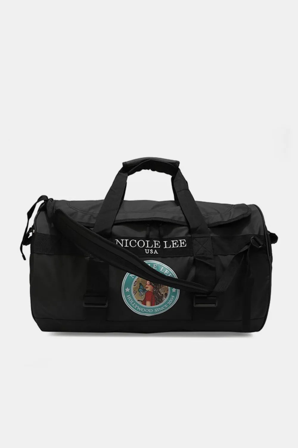 Nicole Lee USA large duffel bag, black fabric with top handle and front zipper pocket