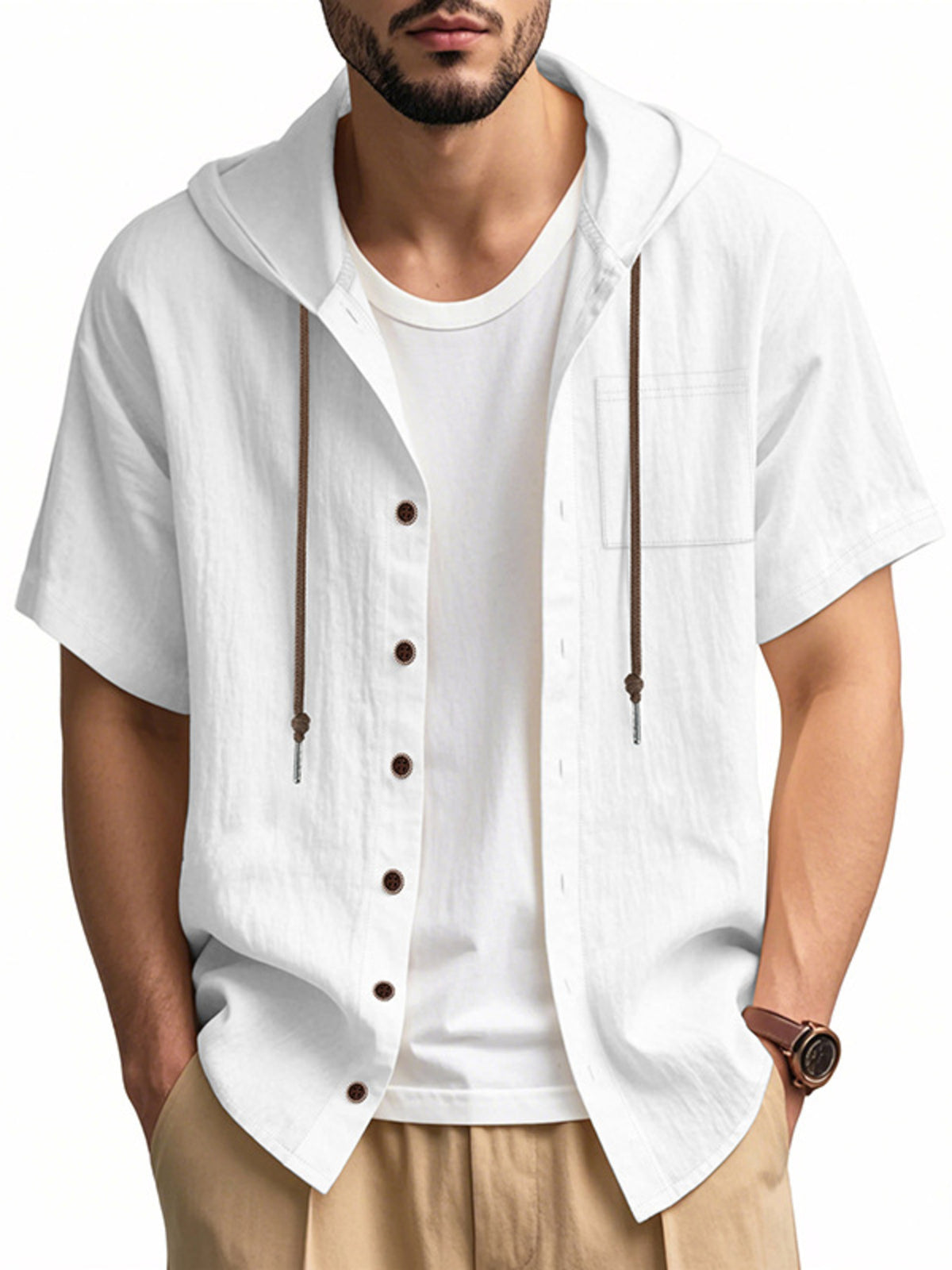 Men's hooded short-sleeve button shirt, white, button front with drawstring hood