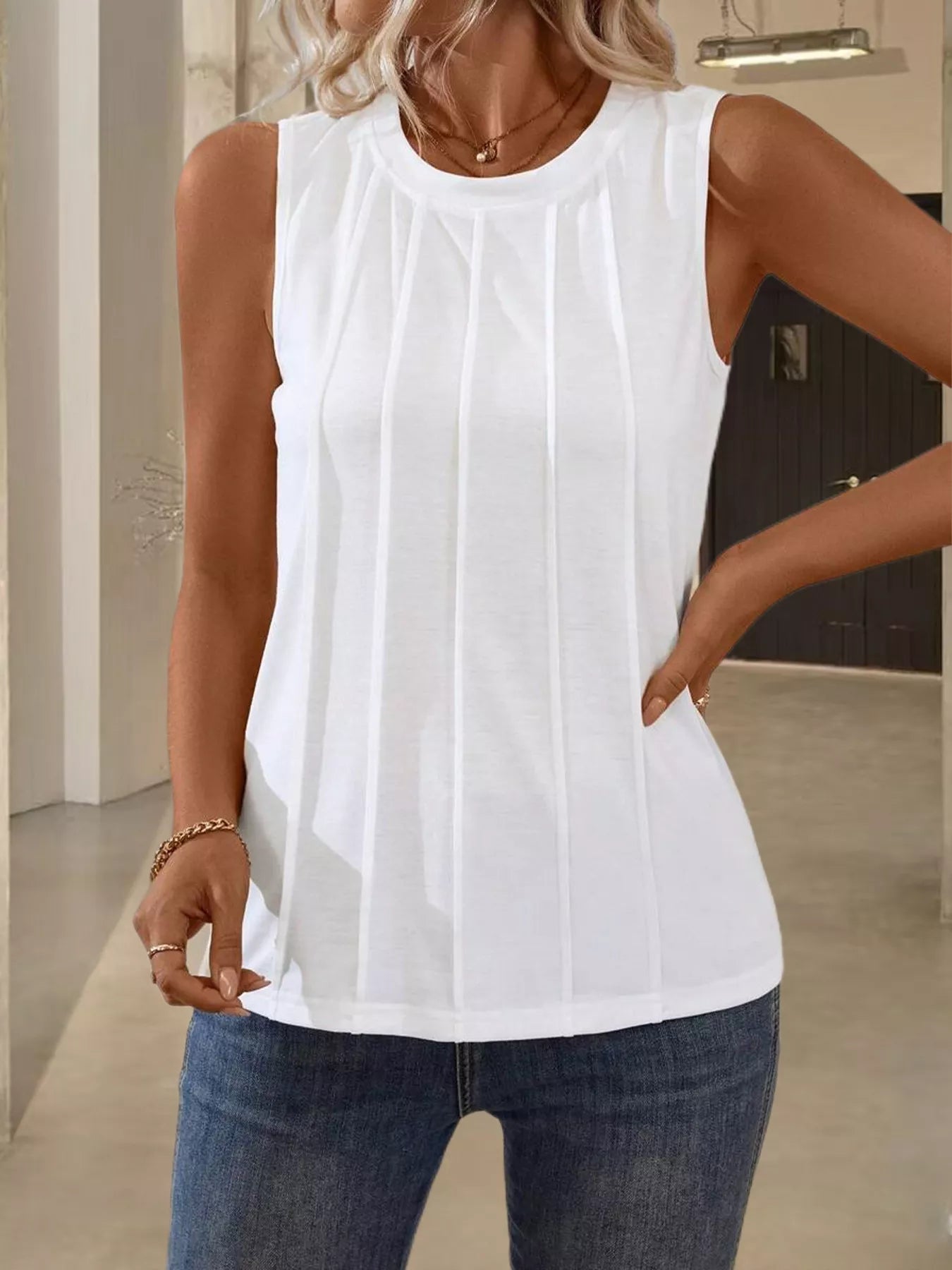 Cedar & Moore Round Neck Tank Top, white sleeveless top with vertical pleated detailing by Trendsi